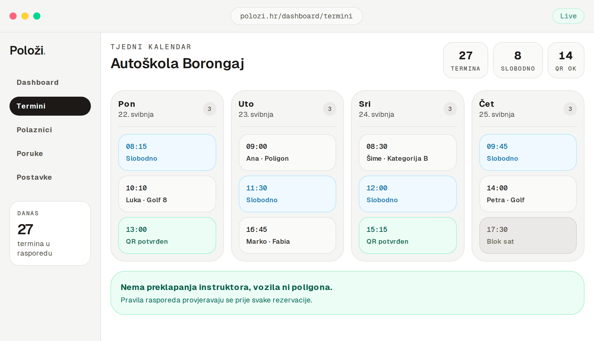 Prikaz Položi dashboarda — tjedni kalendar termina autoškole